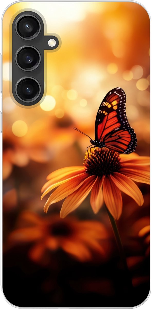 Telefoonhoesje Geschikt voor Samsung Galaxy S23 FE hoesje - Vlinder - Bloemen - Oranje - Siliconen Telefoonhoesje Telefoonhoesje