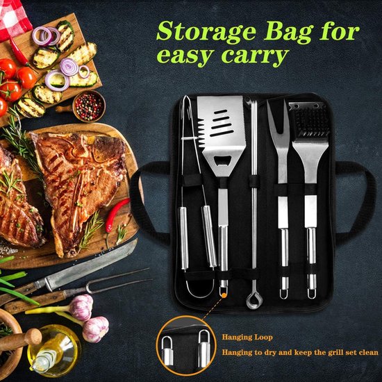 Famanu 10 stuks roestvrijstalen grillbestekset, professionele grillbesteksets in draagtas, BBQ grillgereedschap, grillset, gereedschap voor mannen en vrouwen, camping, tuin van Famanu — afbeelding 4