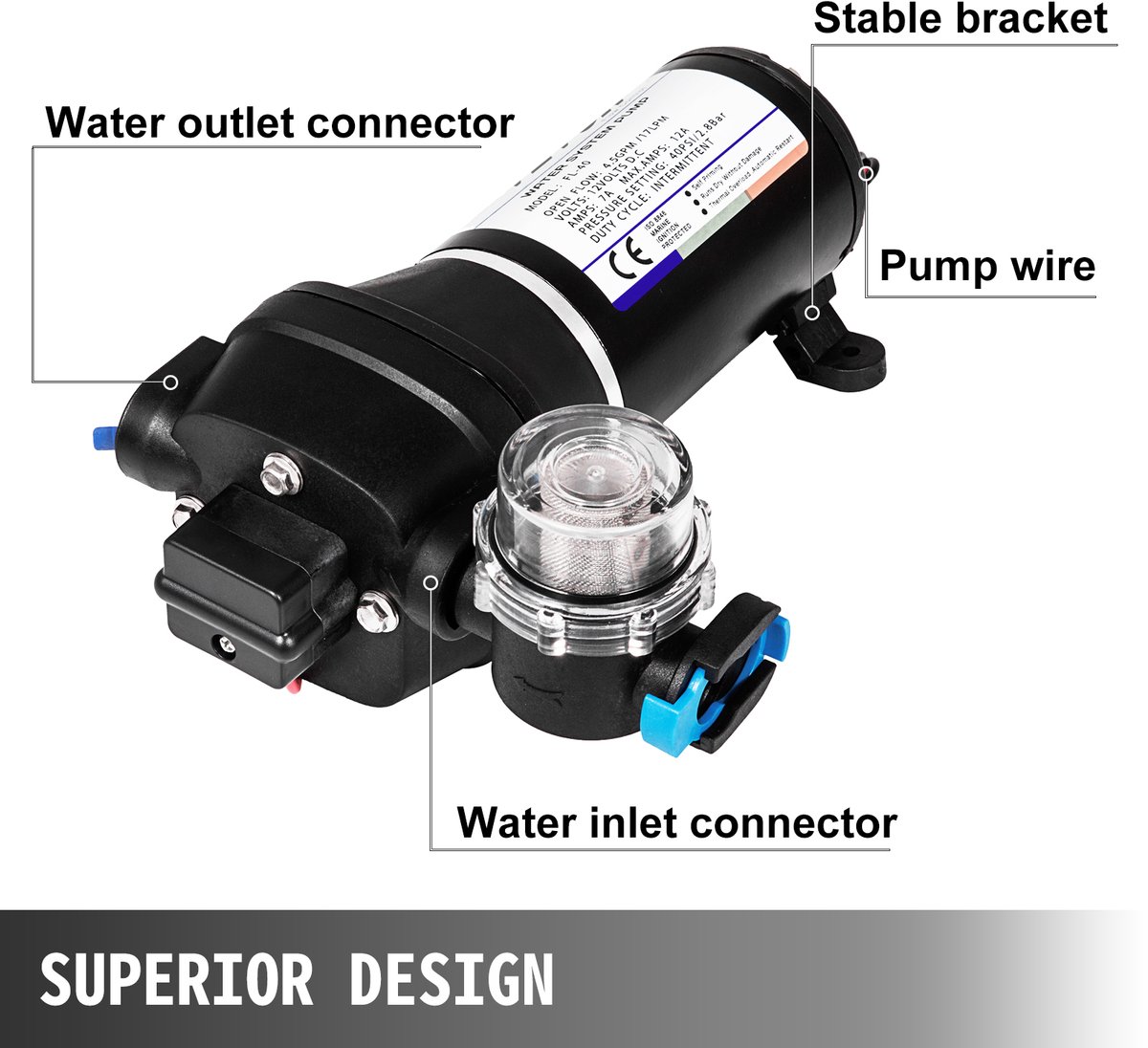 12V FL-40 hogedrukmembraanwaterpomp, 40 PSI automatische zelfaanzuigende pomp, 17 L/MIN nevelversterker sproeier membraanpomp voor caravan, boot, camper, tuin thumbnail 7