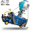 Bus de combat LEGO Fortnite en vol, avec ballon et figurines détachables.