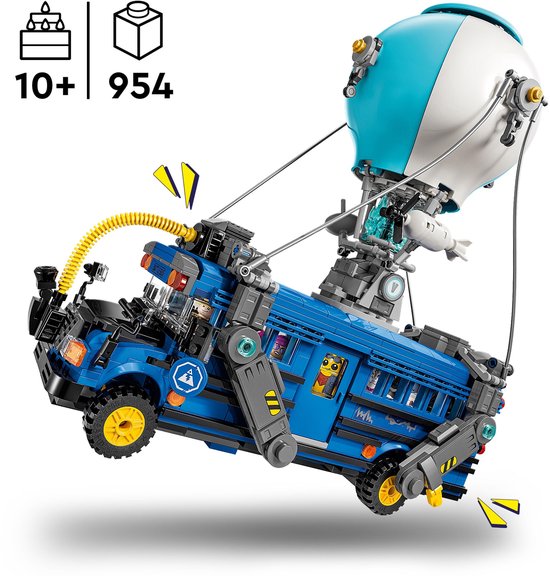 Bus de combat LEGO Fortnite en vol, avec ballon et figurines détachables.