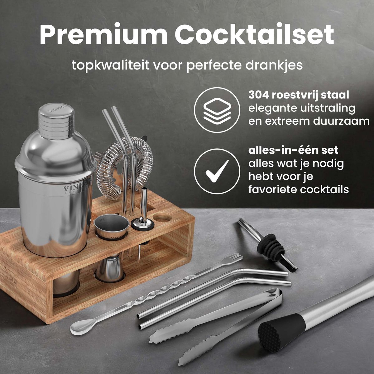 VINENCO Cocktailshaker Set Manhattan met Houten + Recepten Boek: 13 Delig RVS Staal Premium Barkeeper Kit | Prof Cocktail Shaker Bar Accessoires Martini Gin Mojito Longdrinks Party Verjaardag Cadeau Man Vrouw — cadeau in Kookcadeaus - foto 2