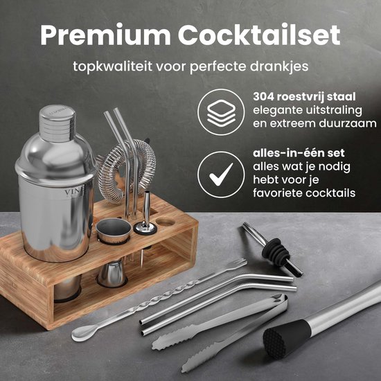 Bar Dedicated - Cocktail set Zwart 13 Delig - Cocktail Shaker Set met Jigger - Stijlvolle Barset Cadeau voor Mannen en Vrouwen Boston Shaker Incl Receptenboek en Cadeauverpakking