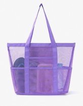 Grote netstof strandtas, mesh strandtas voor zandspeelgoed, opvouwbare handtas met zakken en ritssluiting, voor strand, vakantie, reizen, Paars