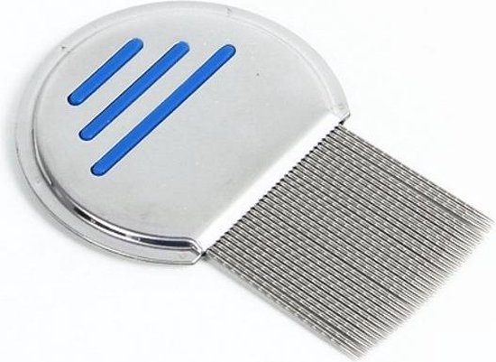 Zilverkleurige luizenkam met fijne tanden en drie blauwe, horizontale strepen op het handvat.