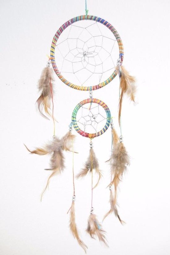 Dromenvanger regenboog kleuren - dia 11 cm - veertjes/kralen - lengte 36 cm - kinderen