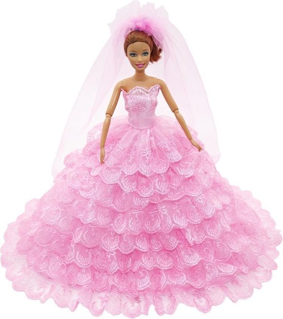 Mysterie Vervallen klassiek Roze Barbie Prinsessenjurk - Bruidsjurk voor modepop - Jurk met sluier |  bol.com