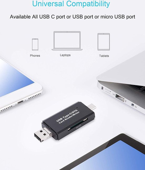 SD Kaartlezer USB voor Micro SD kaart - SD kaart - Geschikt voor Telefoon, PC en Tablet met Micro USB aansluiting - Zwart - Merkloos