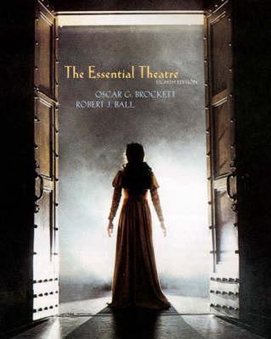 De achterkant van een vrouw in een bruine jurk, kijkend naar openstaande deuren met de titel 'The Essential Theatre'.