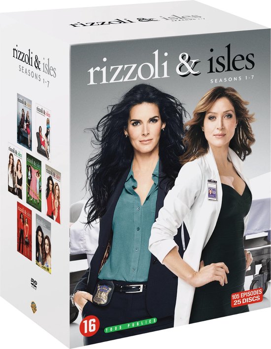 De DVD-box van Rizzoli & Isles met seizoenen 1-7, met de hoofdrolspelers Jane Rizzoli en Maura Isles.