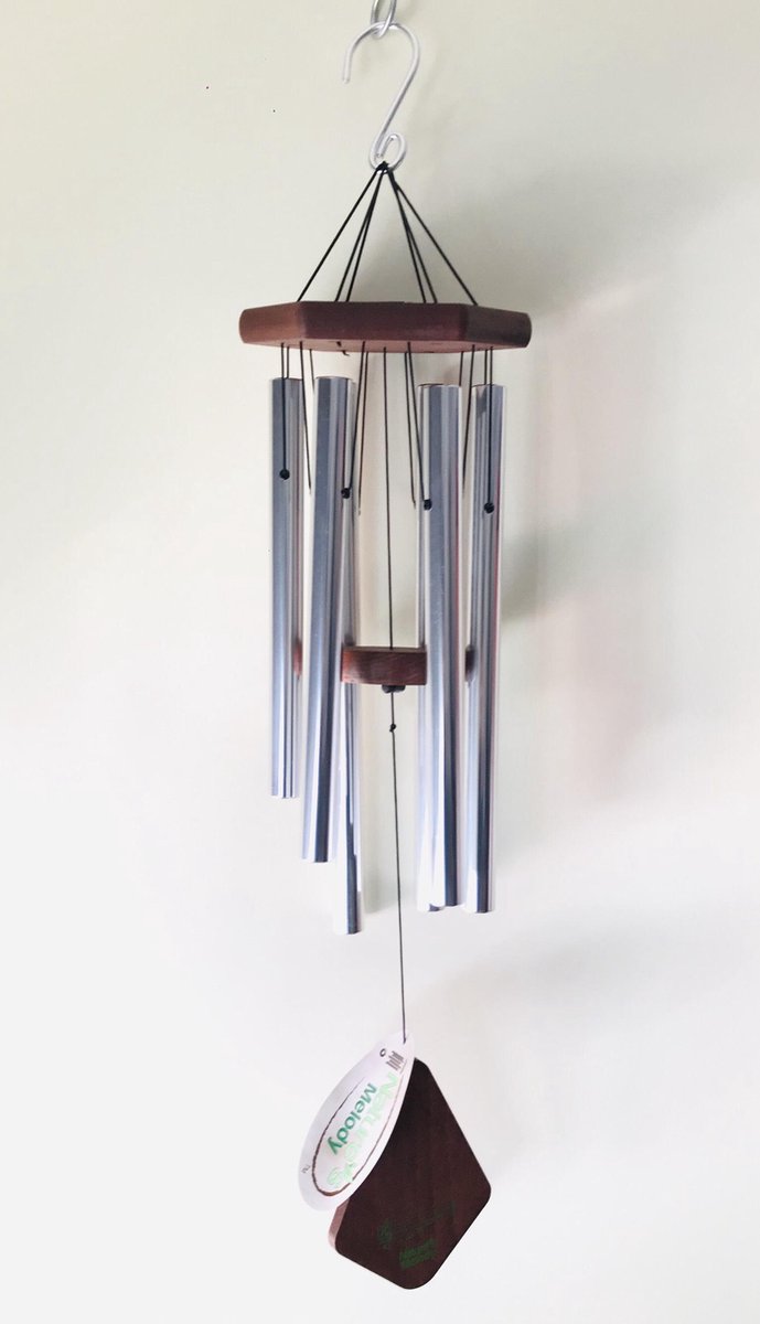 Nature's Melody Premiere Grande Tunes silver Muziek windgong  /  Windorgel met 6 mat zilver stalen buizen .Het windgonggeluid is afgestemd .70cm
