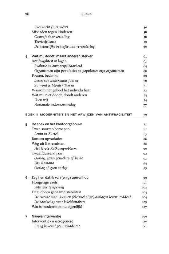 Boekpagina met inhoudsopgave, titels zoals 'Evenwicht (niet weer)' en 'Wat mij doodt, maakt anderen sterker'.