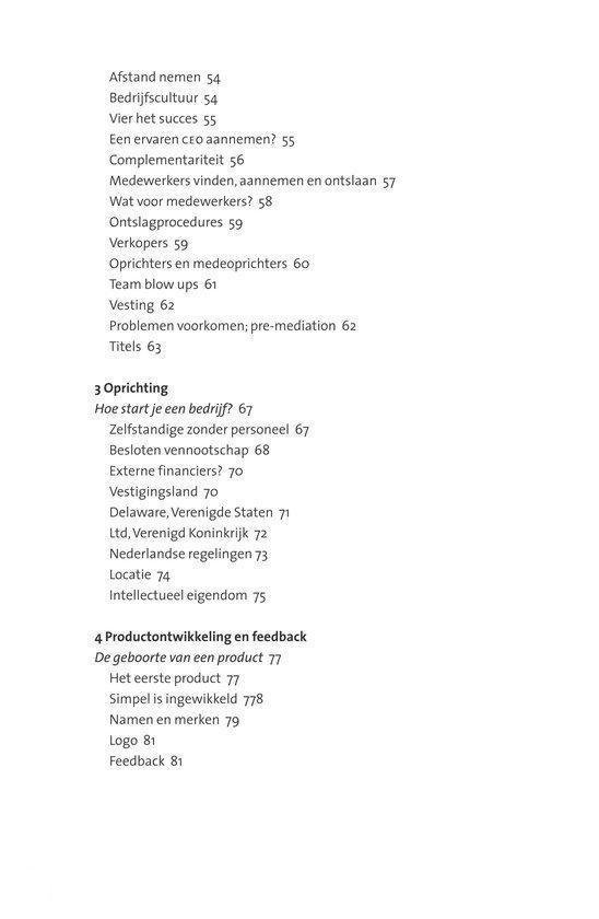 Inhoudsopgave 'Oprichting' met onderwerpen zoals Afstand nemen, Bedrijfscultuur, Vier het succes, en Productontwikkeling en feedback.