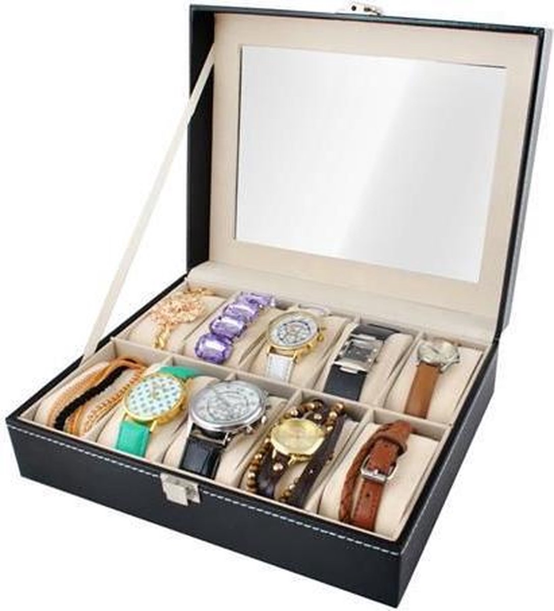 Luxe Horlogedoos Met Kussentjes - Horloge-Opbergbox Houder Kist - Opbergkist Heren-Dames - Zwart Leer - 10 Horloges Compartimenten