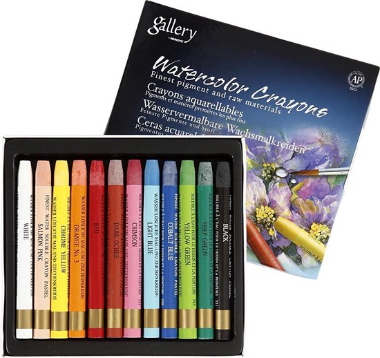 Set van 12 Mungyo Gallery waterverfkrijtjes in diverse kleuren in een doos met bloemenillustratie.