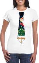 Wit kerst T-shirt voor dames - Kerstman en kerstboom stropdas print S