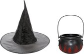 Halloween Heksen accessoires set hoed met ketel 15 cm voor meisjes