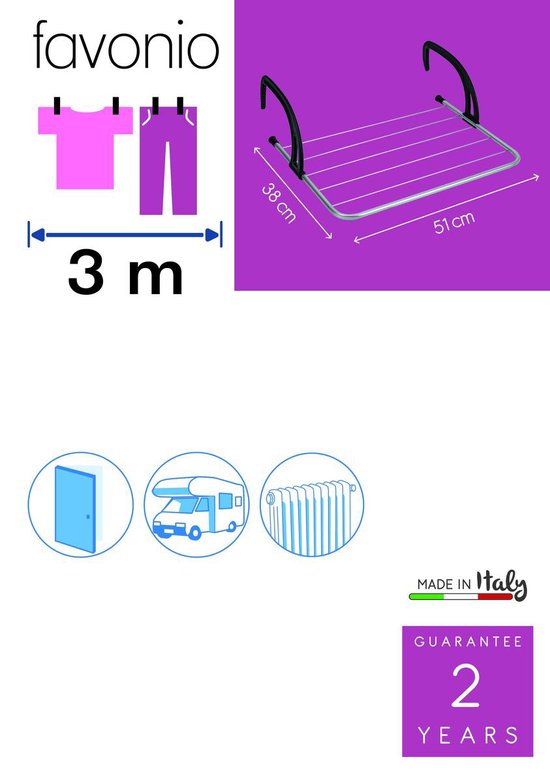 Illustratie van een zilverkleurig droogrek met afmetingen 51x38cm, te gebruiken aan een deur, camper of radiator, met 3m drooglengte.