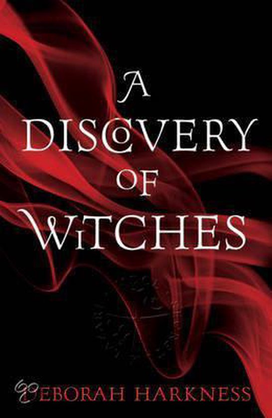 Livre "A Discovery of Witches" par Deborah Harkness, avec de la fumée rouge sur fond noir.