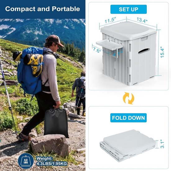 Mobiel campingtoilet 39 cm hoog - Draagbaar toilet met deksel en 12 toiletzakken - Ideaal voor kamperen, wandelen en reizen van MOB — afbeelding 2
