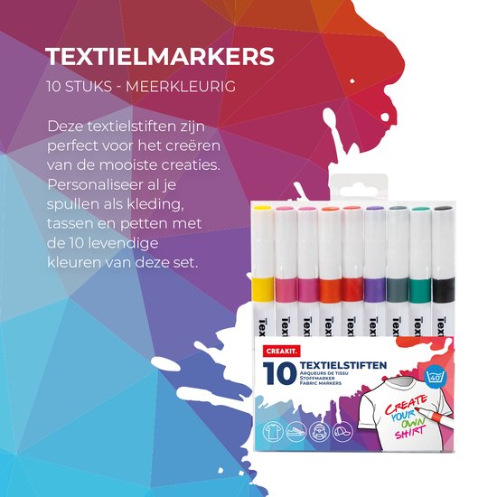 Paquet de 10 marqueurs textiles sur fond abstrait multicolore.