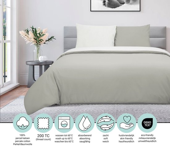 DoubleDry Dekbedovertrek 100% Percal Katoen - Eenpersoons 140x200/220 cm + 1 Kussensloop - Zacht, Ademend en Huidvriendelijk - Greige/Wit van DoubleDry — afbeelding 3