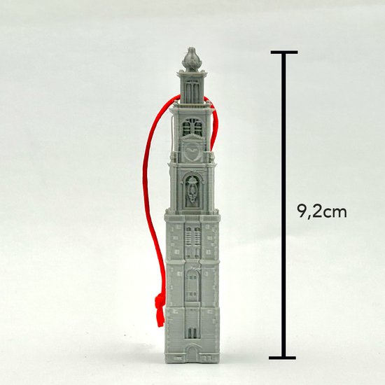 Zilverkleurige kersthanger van de Westerkerk, 9,2 cm hoog, met rode lus.