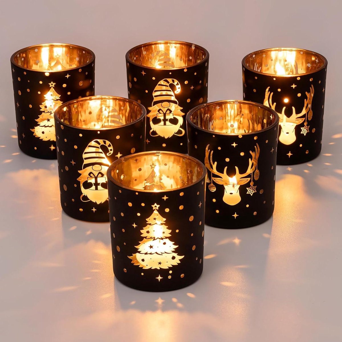 Goedkoopste Kerstkaarsenhouder - Set van 6 Glazen Zwarte Xmas Theelichthouders - Centrepiece Decoratie - Mantel Open Haard Tafeldecoratie - Dining Home Decor