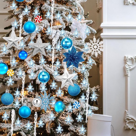 Set de décorations de sapin de Noël de 103 pièces avec Ornements bleu argenté et Siècle des Lumières LED - Boules de Noël Glitter - Cime d'arbre et assortiment de vacances