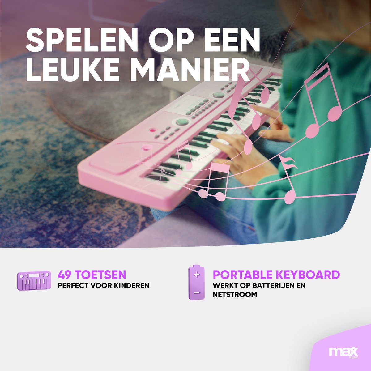 Speelgoed piano kinderen - MAX KD49P kinder piano met 49 toetsen - Ingebouwde ritmes en microfoon - Roze thumbnail 3