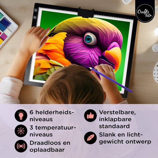 Un enfant colorie un perroquet coloré sur une tablette lumineuse, qui offre 6 niveaux de luminosité, 3 niveaux de température et une charge sans fil.