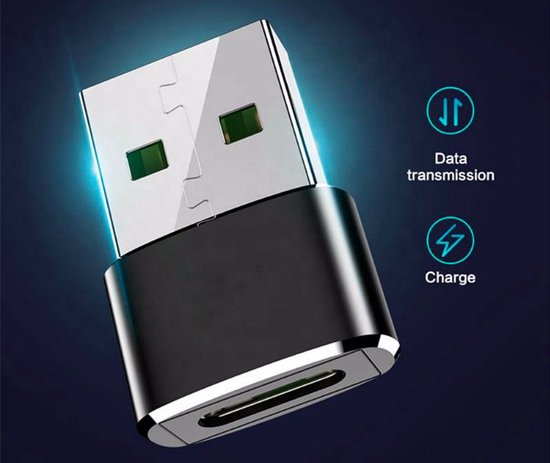Zwarte en zilveren USB-A male naar USB-C female adapter. Iconen voor data en laden.