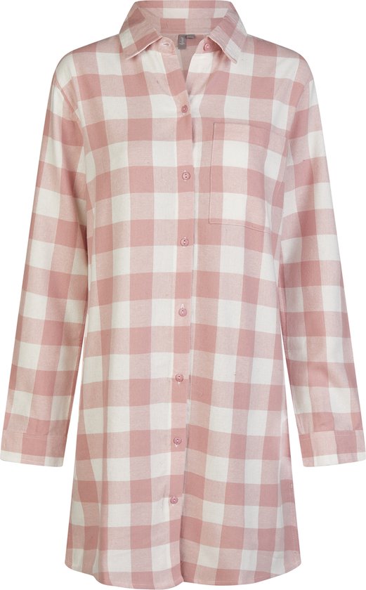 By Louise Dames Pyjama Nachthemd Lang Flanel Geruit Roze - Maat M