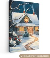 Canvas schilderij 80x120 cm - Wanddecoratie Kerst - Kerstboom - Winter - Huis - Sneeuw - Muurdecoratie woonkamer - Slaapkamer decoratie - Kamer accessoires - Schilderijen op canvas - Kerstdecoratie voor binnen - Kerstversiering - Kerstmis versiering