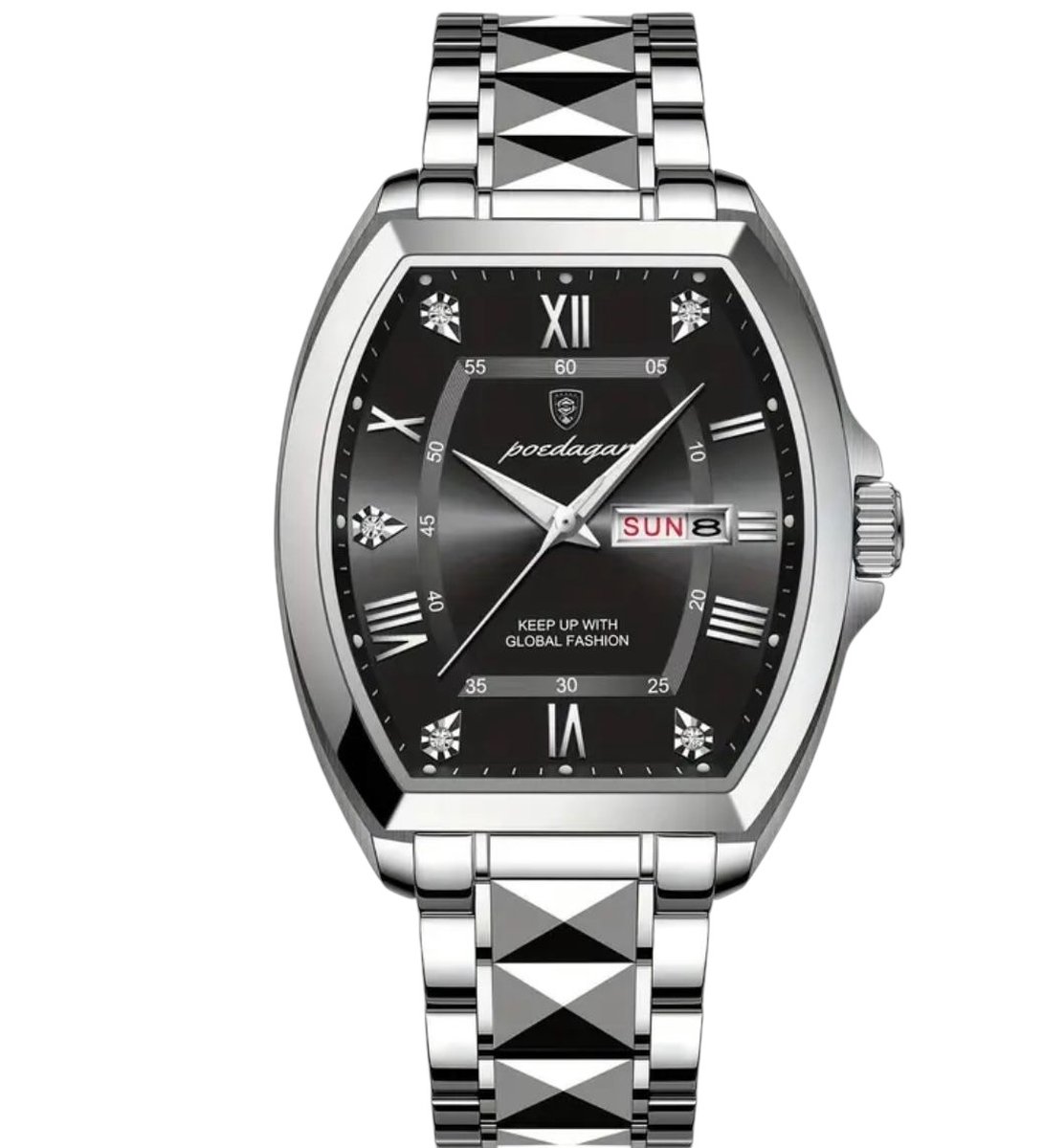 Luxe Herenhorloge - Mannen - Zilveren Polsband - Zilver en Zwart - Luxe Doos