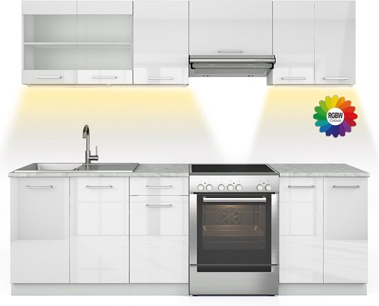 Foto: Vicco raul keukenblok 240 cm wb marmer met led strip wit hoogglans wit