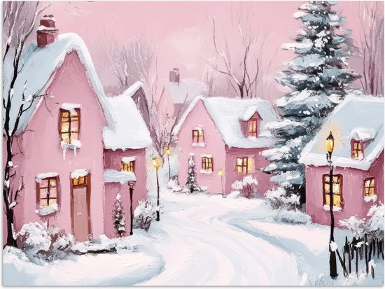 Poster 40x30 cm - Kerstdorp - Roze - Winter - Sneeuw - Huizen - Posters - Kamer decoratie - Wanddecoratie woonkamer - Kerstdecoratie voor binnen - Kerstversiering - Kerstmis versiering in huis - Kerstaccessoires