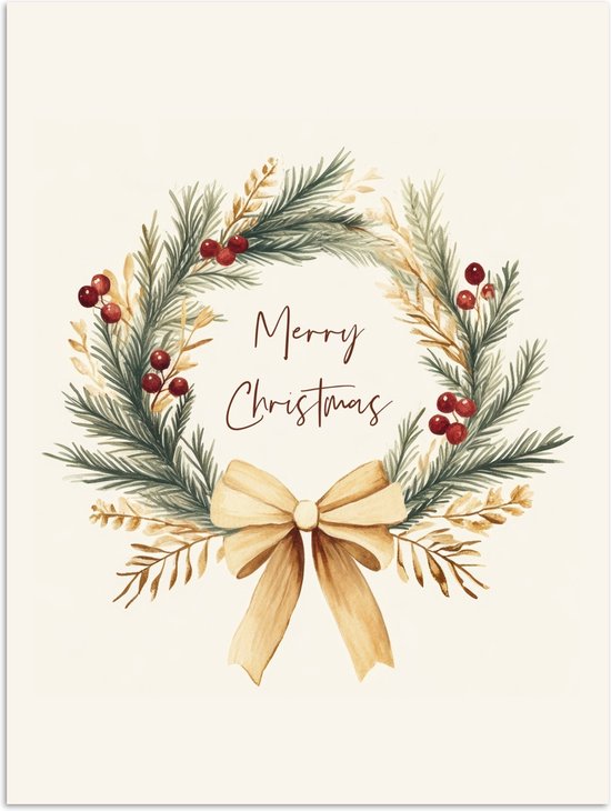 Poster 90x120 cm - Kerstkrans - Kerst - Goud - Beige - Posters - Kamer decoratie - Wanddecoratie woonkamer - Kerstdecoratie voor binnen - Kerstversiering - Kerstmis versiering in huis - Kerstaccessoires