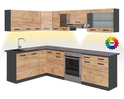 Vicco Rick Hoekkeuken – 270 x 60 cm, WB Zwart patroon met LED-strip Eik goud/antraciet