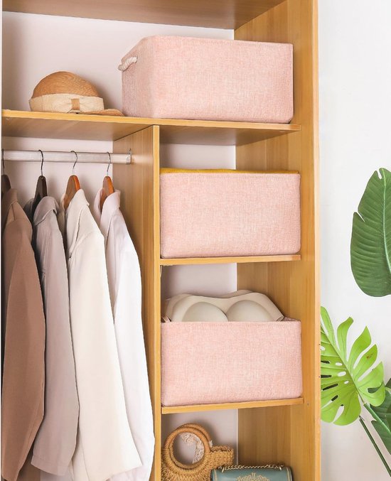 Mangata Opvouwbare opbergkubusdozen, 28 cm kubus linnen geweven stoffen opbergmanden met lederen handgrepen, 3 stuks (roze en wit