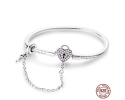 Fler® | Bedelarmband dames zilver | 925 Zilver armband | geschikt voor alle populaire bedelcollecties (standaard - 3mm) | met hartje en sleuteltje | Kerstcadeau | Sinterklaas kado | Valentijnsdag cadeau | Zirkonia | Elegante dames armband | Maat: 18