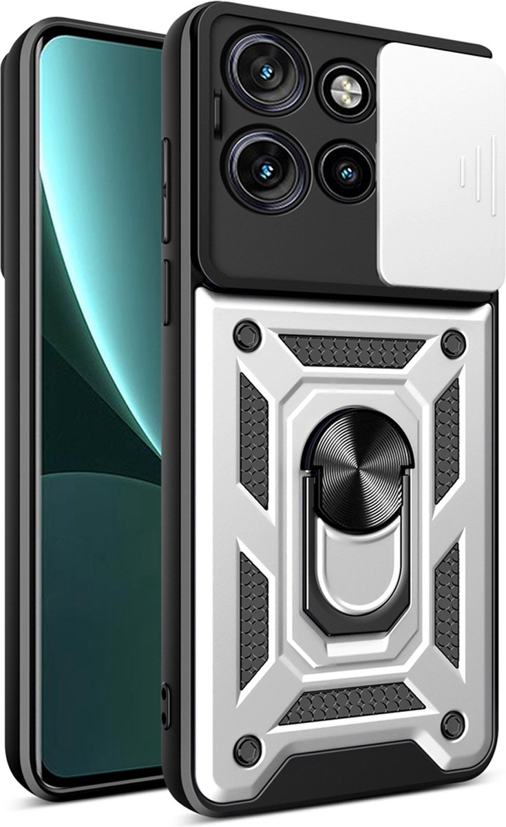 MobyDefend Hoesje - Geschikt voor Motorola Edge 50 Neo / Edge 60 Neo - Pantsercase Met Draaibare Ring - Zilvergrijs