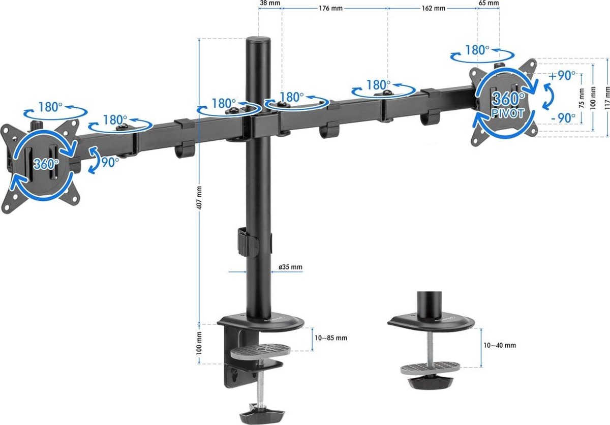 SENSE7 FLOAT DOUBLE - Dubbele Monitor Arm - Monitor Beugel voor 17-32 Inch - 2 Schermen - 180°, 360° rotatie - Universeel VESA 75, 100 - Draai, Kantel en Zwenkbaar - PIVOT-functie - Kabelgeleiders - Max. 2x 9kg - Twee montagemethoden - Zwart thumbnail 6