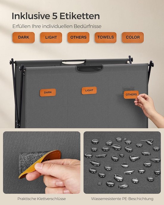 FurnStar - Panier à linge - collecteur de linge - 135 litres - boîte à linge - 3 compartiments - cadre en X pliable - étiquettes individuelles - pour buanderie - chambre - salle de bain - 70 x 40 x 66 cm - gris