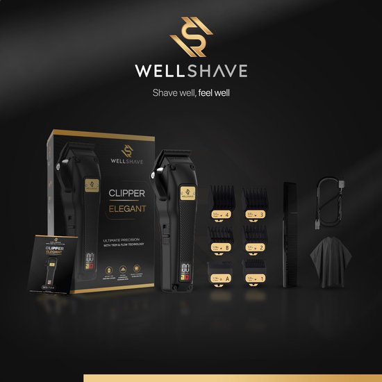 Zwarte Wellshave tondeuse, set met opzetstukken, kam, cape en oplaadkabel op een zwarte achtergrond.