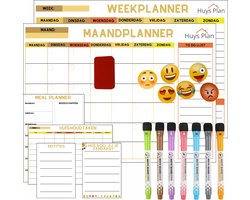 Huysplan® - Magnetische Maandplanner en Weekplanner Koelkast - 20-delige set - Huishoudtaken - Prioriteiten - Notitie - Planbord - Boodschappenlijst - Kleur
