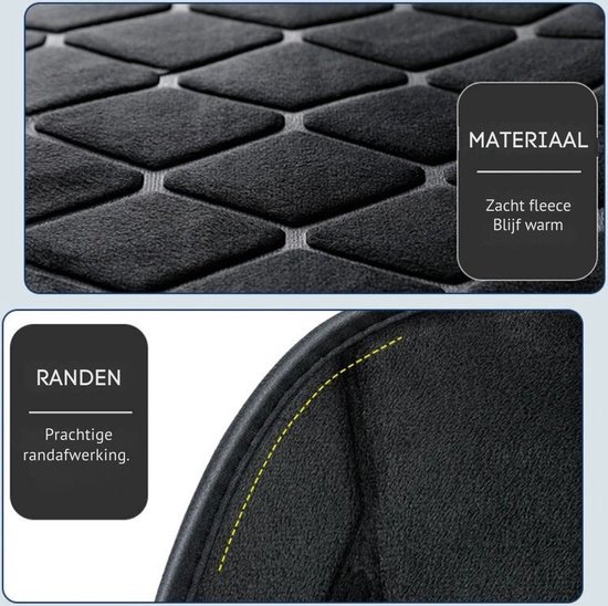 Zwarte fleece stof met ruitvormig stiksel. Gedeeltelijke close-up van de zijkant met mooie afwerking.