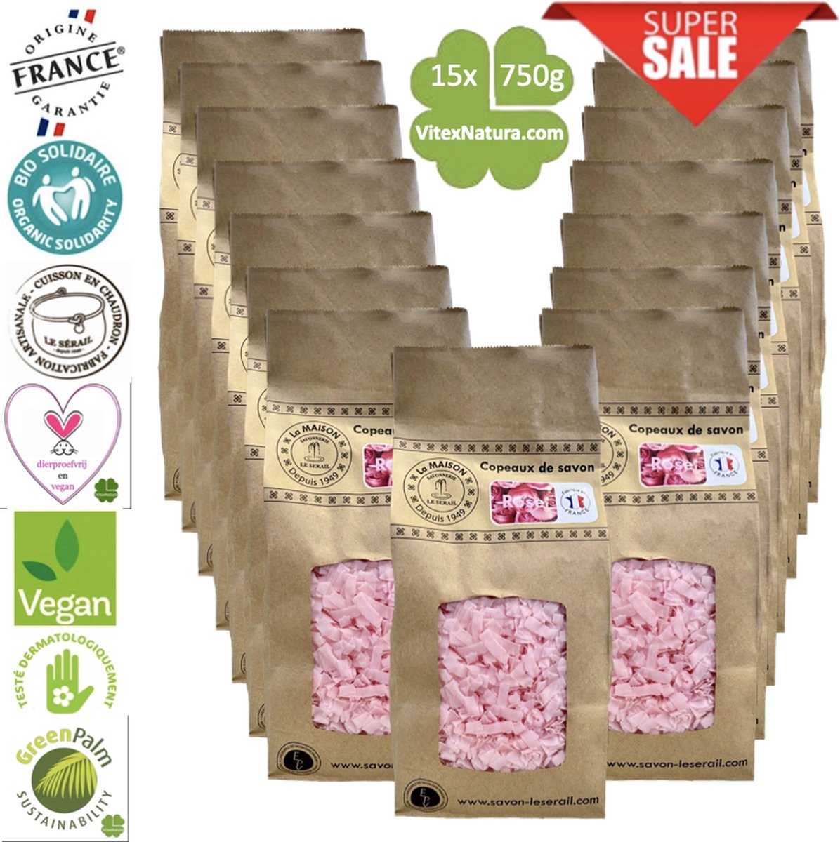 Goedkoopste Marseille zeepvlokken rozen geur | 15x 750g | Ecologisch en Milieuvriendelijk | Ambacht | Le Serail