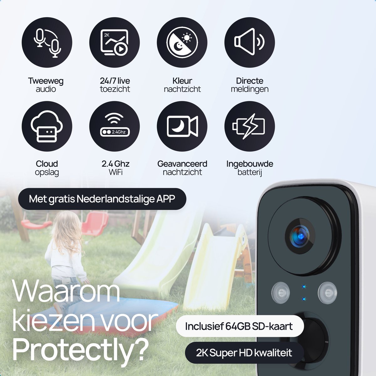 Afbeelding 2 van Protectly® Beveiligingscamera Draadloos Buiten – 2K HD 3MP - Bewakingscamera Voor Buiten - Buitencamera - Buiten Camera Met Nachtzicht - Security Camera - Oplaadbaar - Met WiFi en APP - Incl. 64GB SD - Zonnepaneel Optioneel - Wit