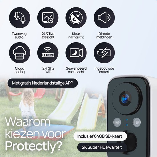 Icons van beveiligingscamera functies: tweeweg audio, 24/7 live, kleur nachtzicht, directe meldingen, cloud opslag, WiFi, geavanceerd nachtzicht.